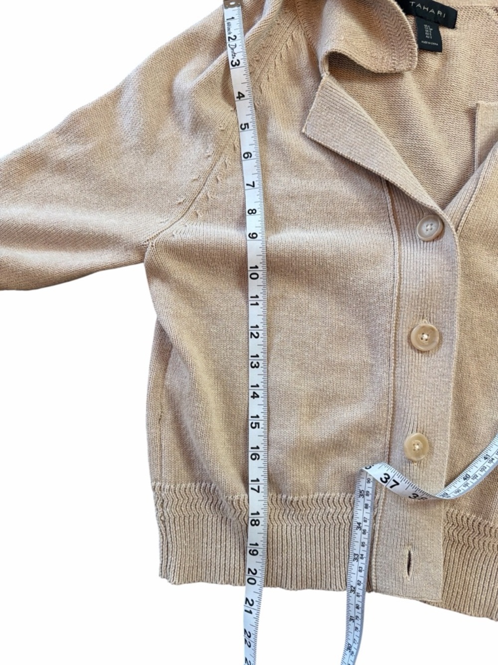 TAHARI 100% Cotton Beige Knit Collared Cardigan Minimalist Quiet Luxury S - Picture 6 of 7